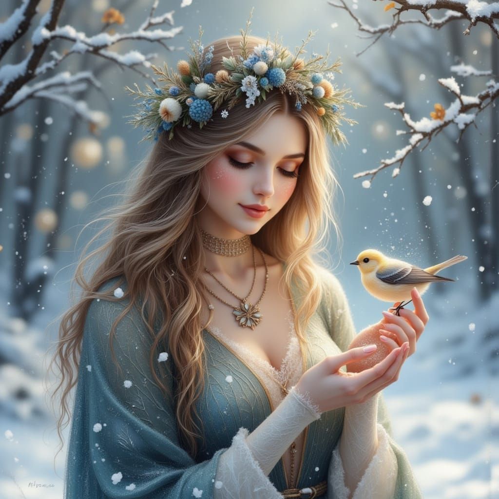 Woman with Snowbird in Winter Forest, Scratch Art