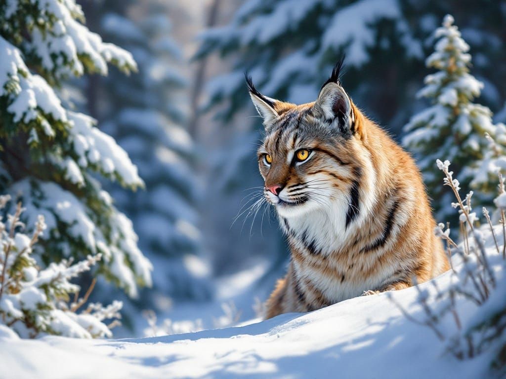 Bobcat Hunting in Winter Forest, Detailed Wildlife Painting