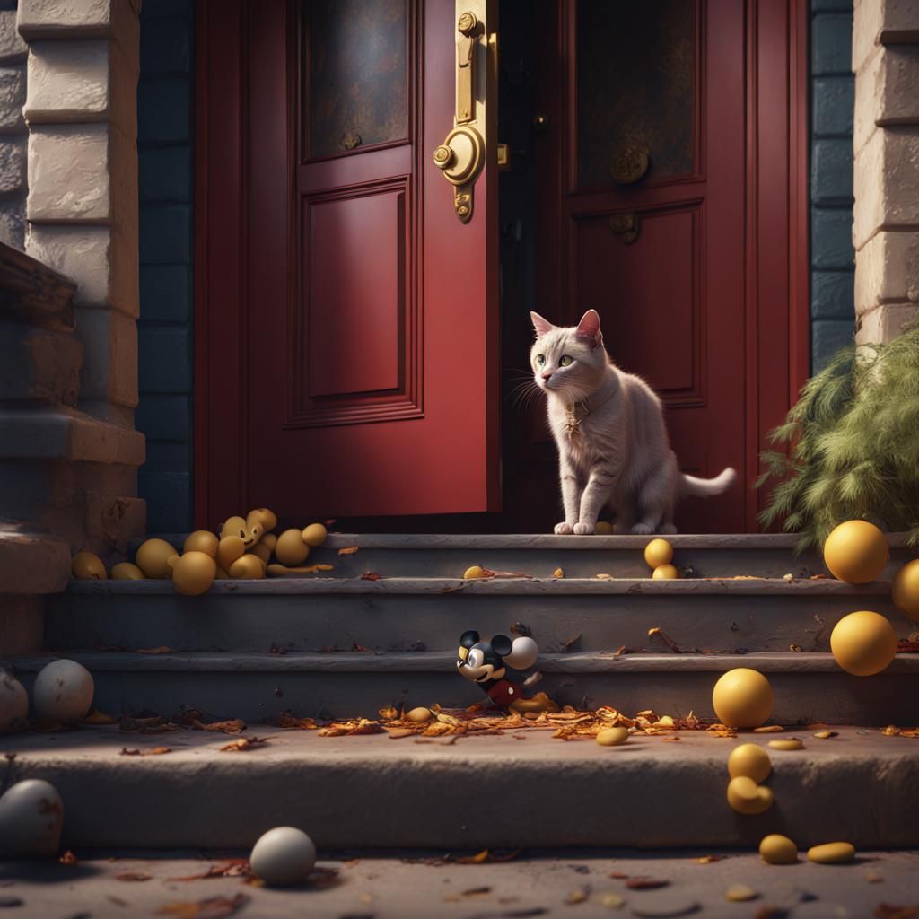 Cat Delivering a Toy Mouse, Detailed Digital Art