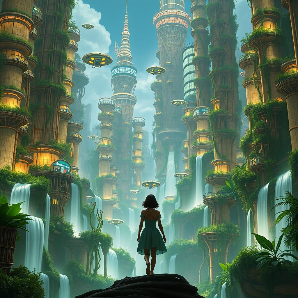 Eco-Friendly Rattan Metropolis with Bioluminescent Waterfall...