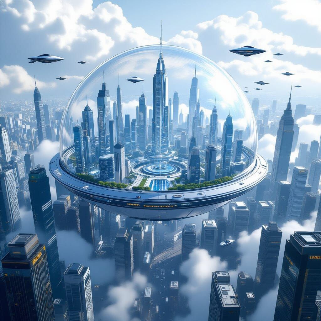 Futuristic Cityscape Under Dome with Flying Cars