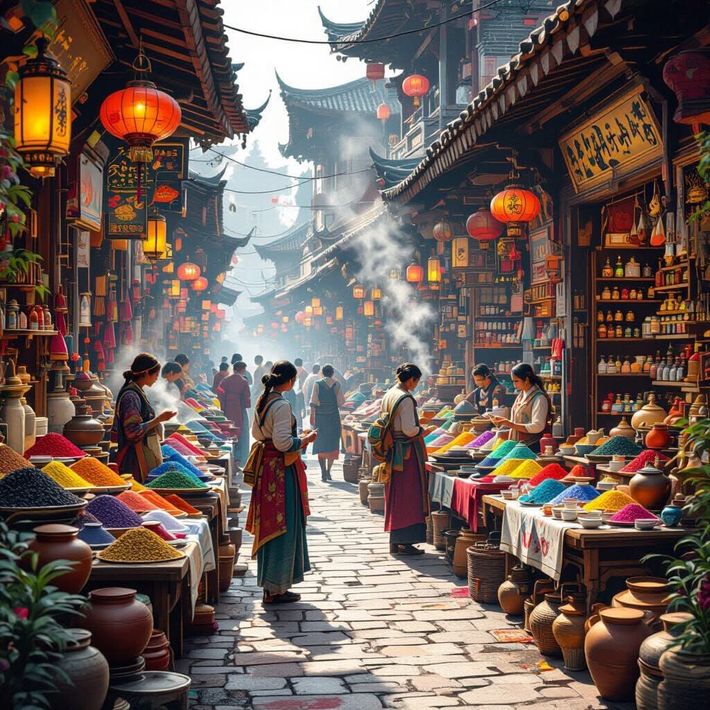 Bustling Realistic Tea Market Scene with Vibrant Details