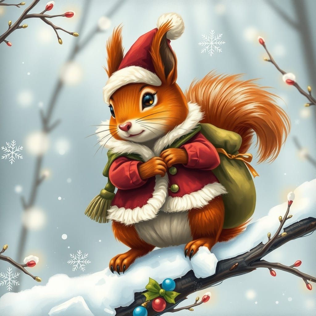 Whimsical Winter Squirrel Dressed as Father Christmas