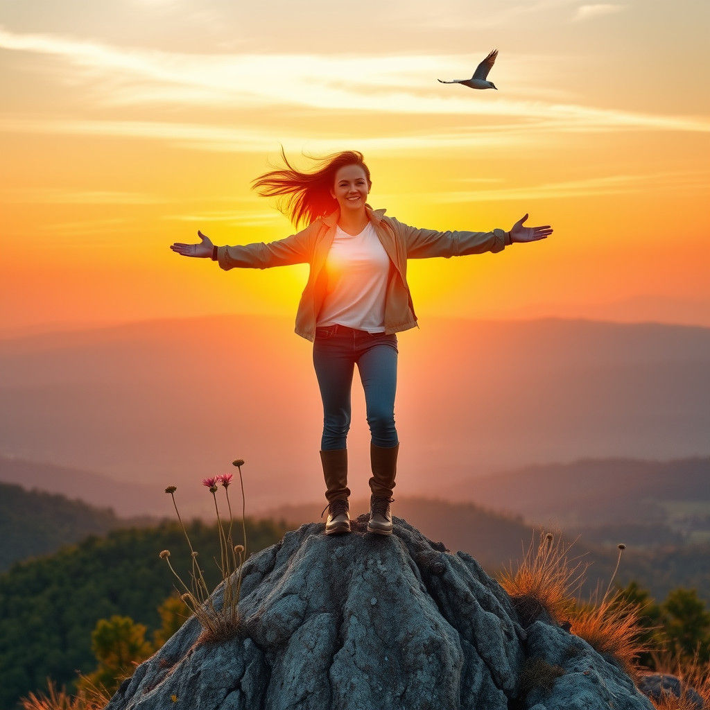 Confident Woman Embraces Life on Mountain Peak