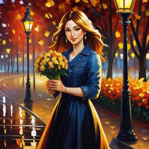 Girl with Flowers in Park, Impressionist Oil Painting