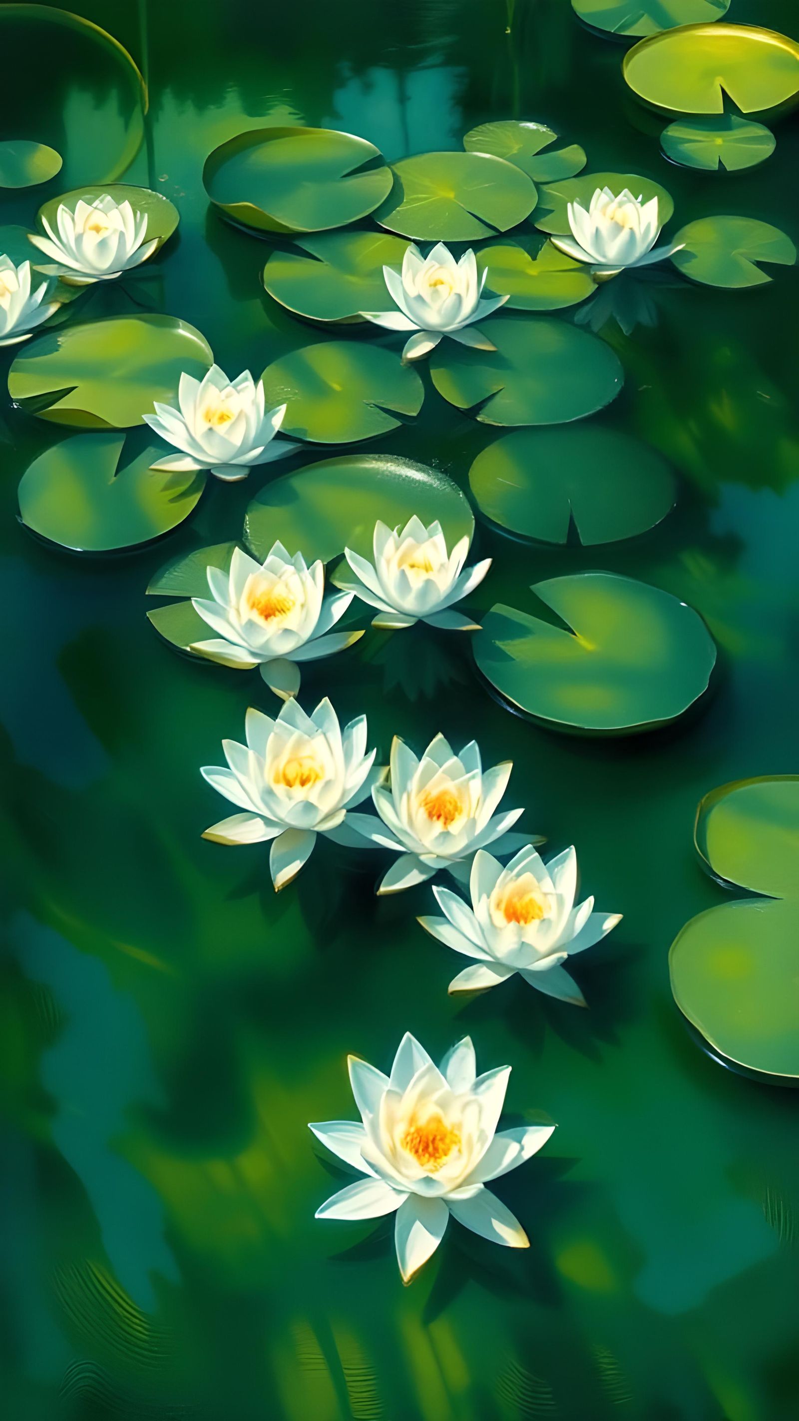 Water Lilies in Transparent Green Pond Water