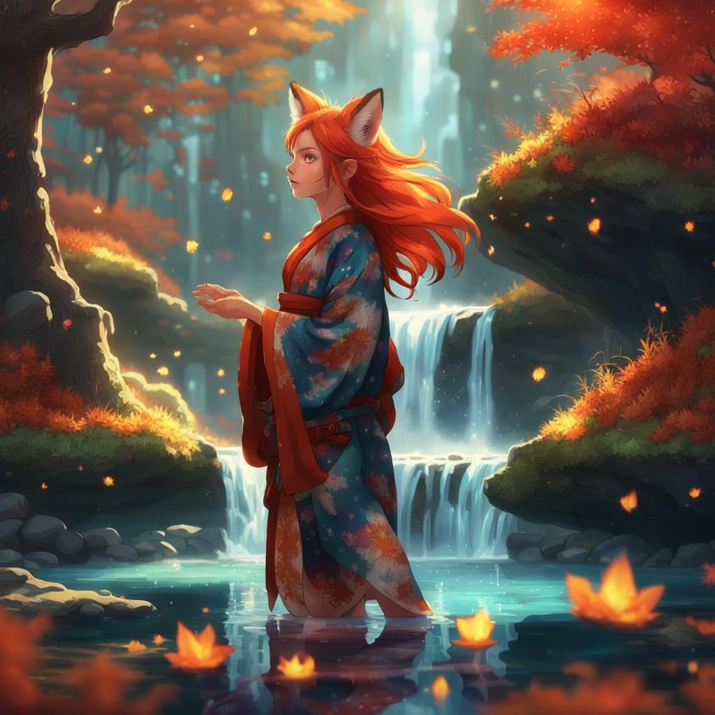 Kitsune and an Autumn waterfall