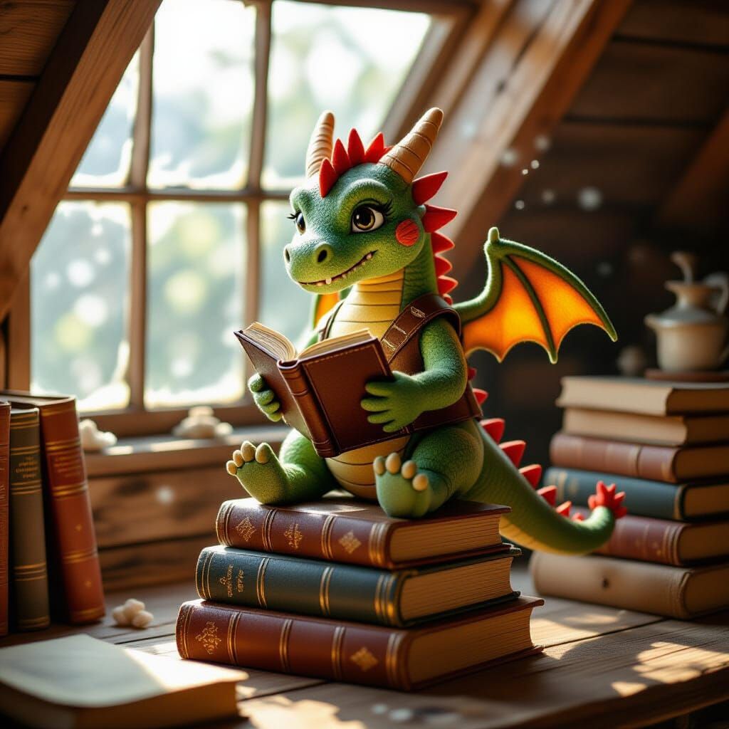 Felt Dragon in Attic, Cozy Realism Style