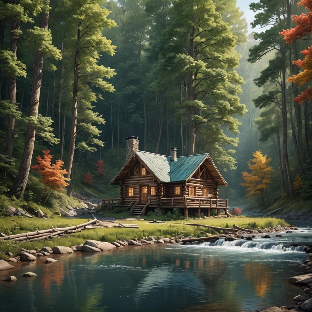 Hyperrealistic Log Cabin in Thick Woods by River