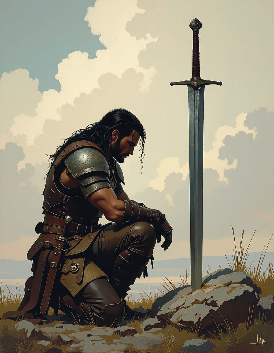 Warrior Kneeling Before Sword in Fantasy Landscape