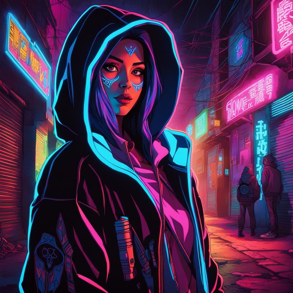 Cyberpunk Protagonist with Neon Face Paint, Anime Art