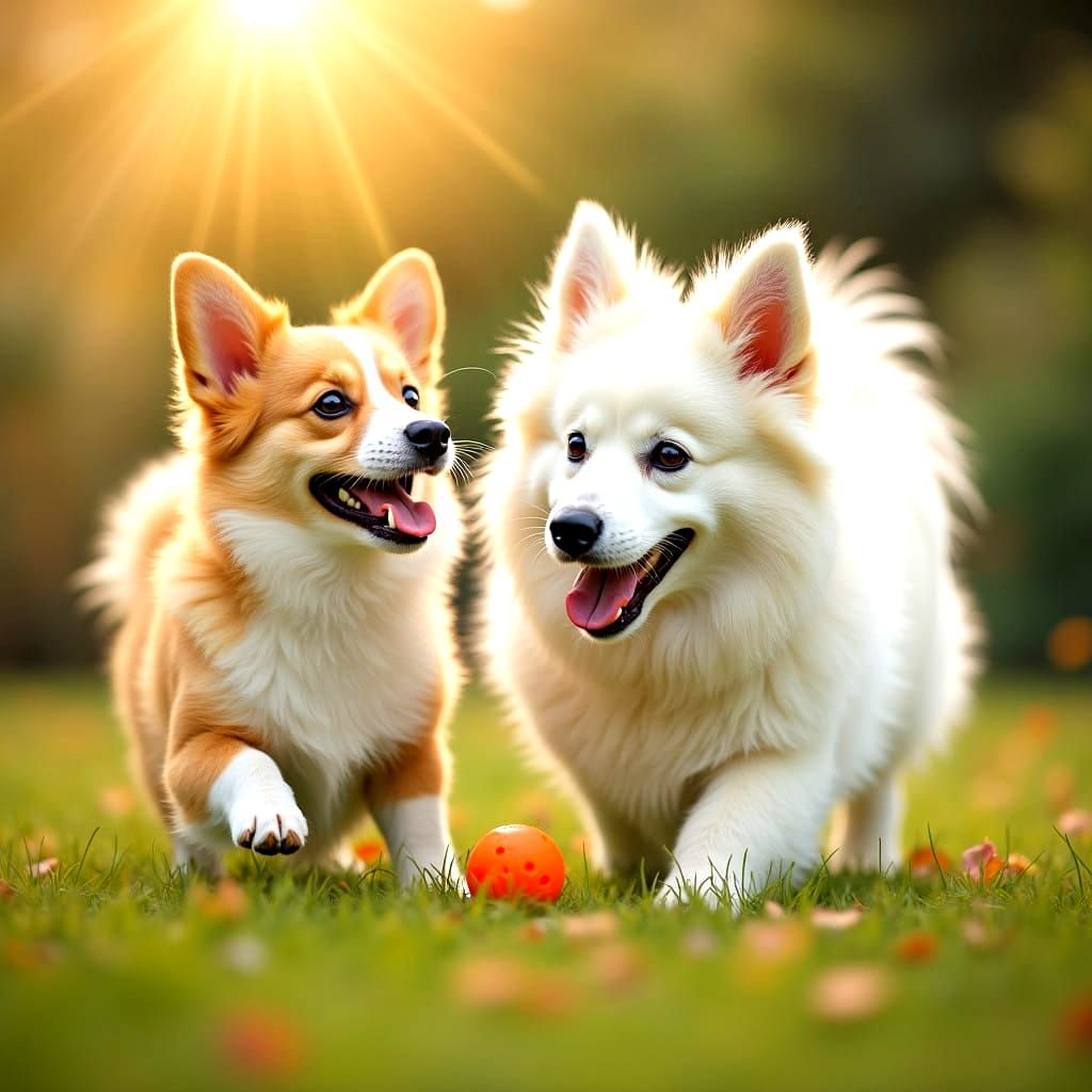 Elegant Dogs Play in English Garden