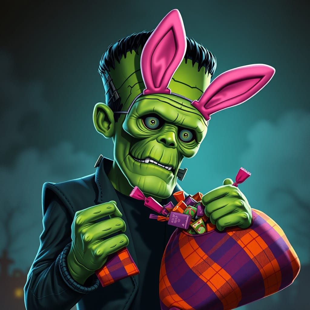 Frankenstein Monster in Bunny Mask with Candy Bag