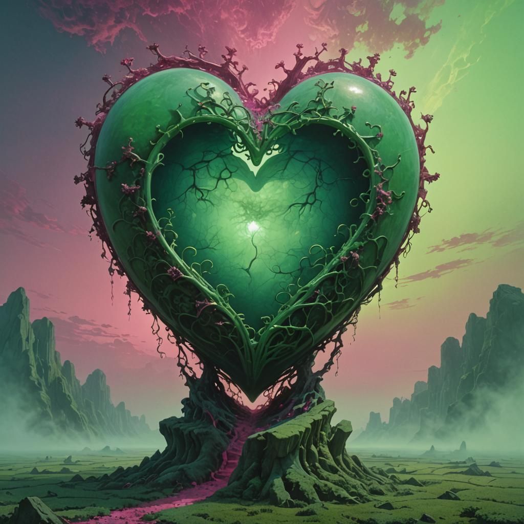 Ethereal Jade Heart in Dark Surrealist Style