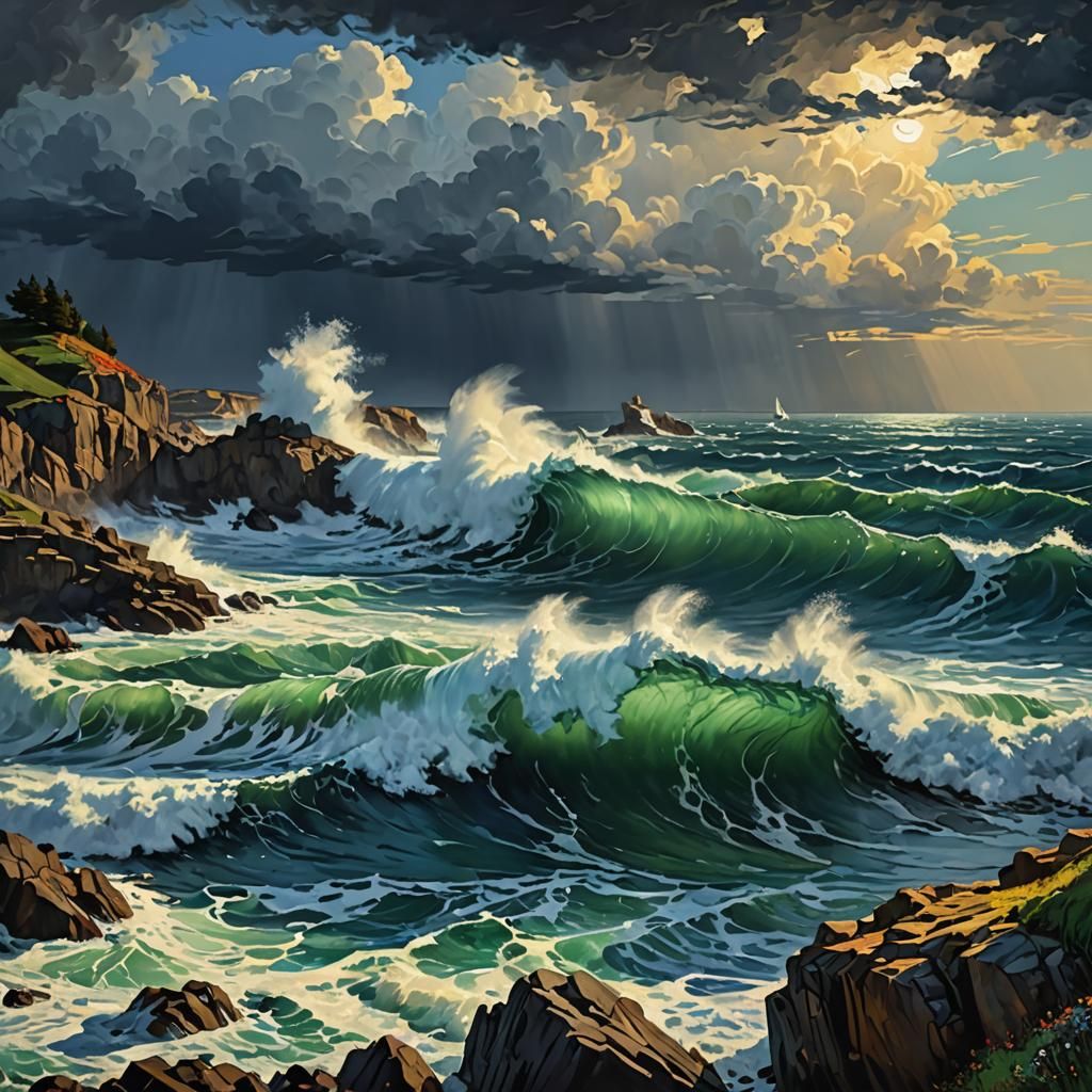 Ocean Waves Digital Painting in Impressionistic Style