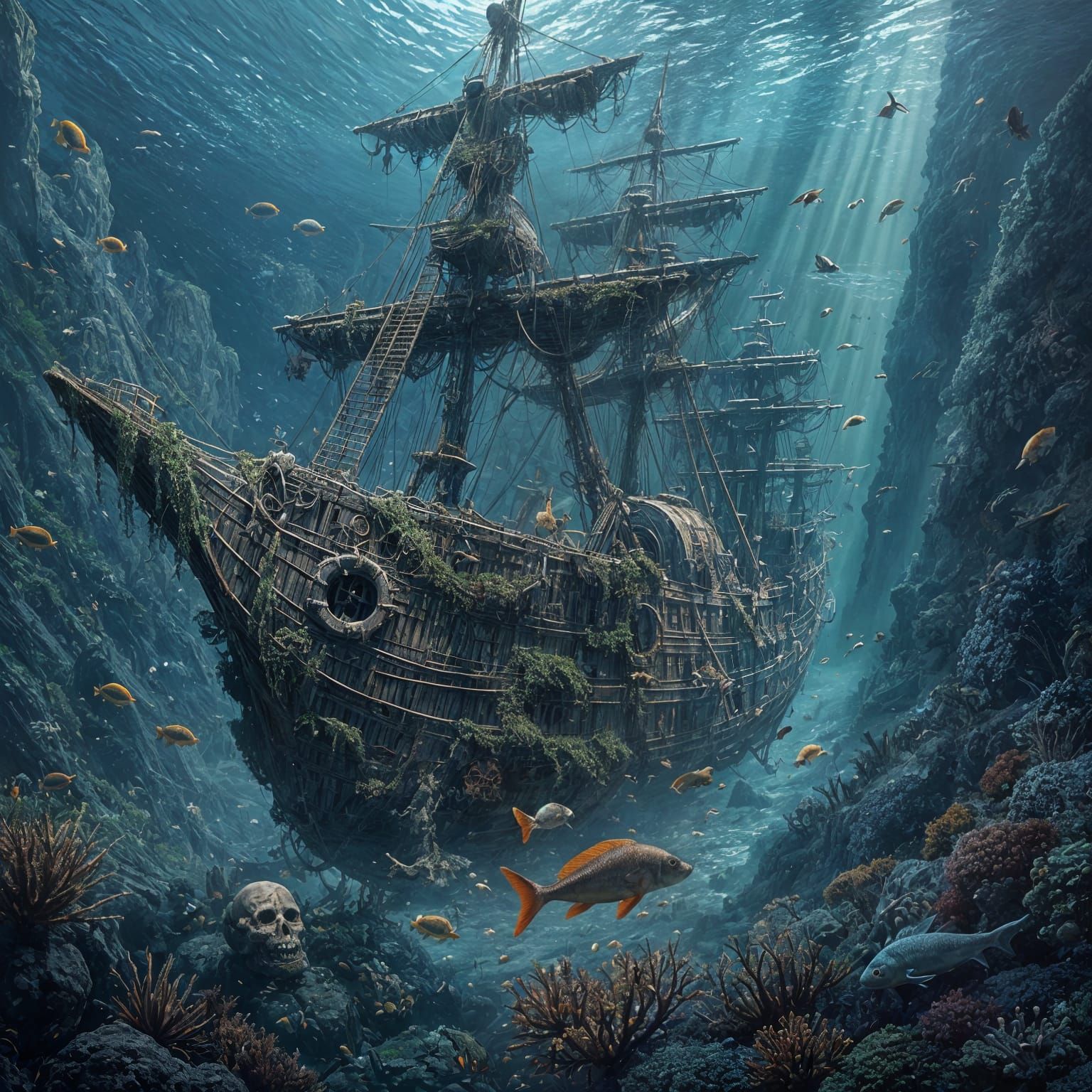 Sunken Pirate Ship in Clear Sea