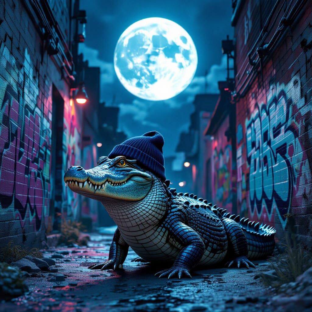 Photorealistic Crocodile in Alleyway Under Full Moon