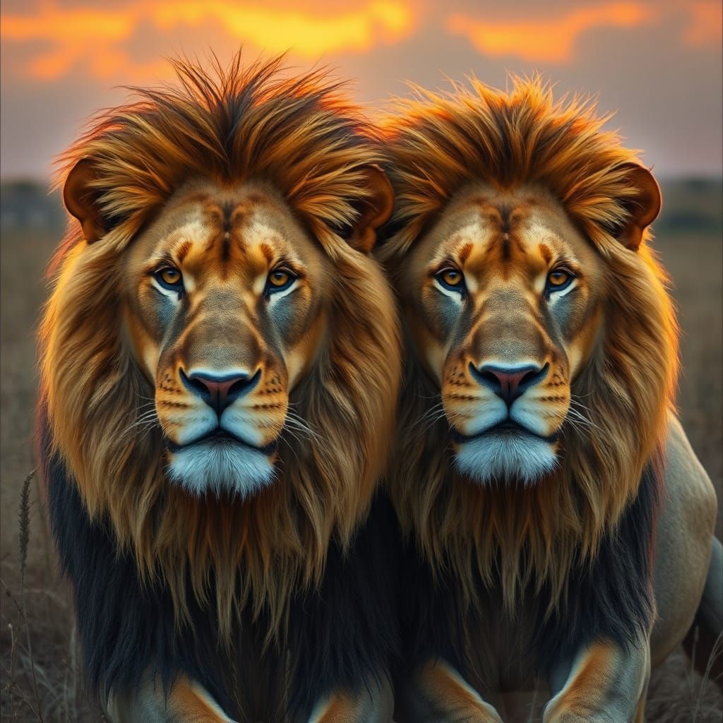 Hyperrealistic Lions in Golden Savanna Sunset