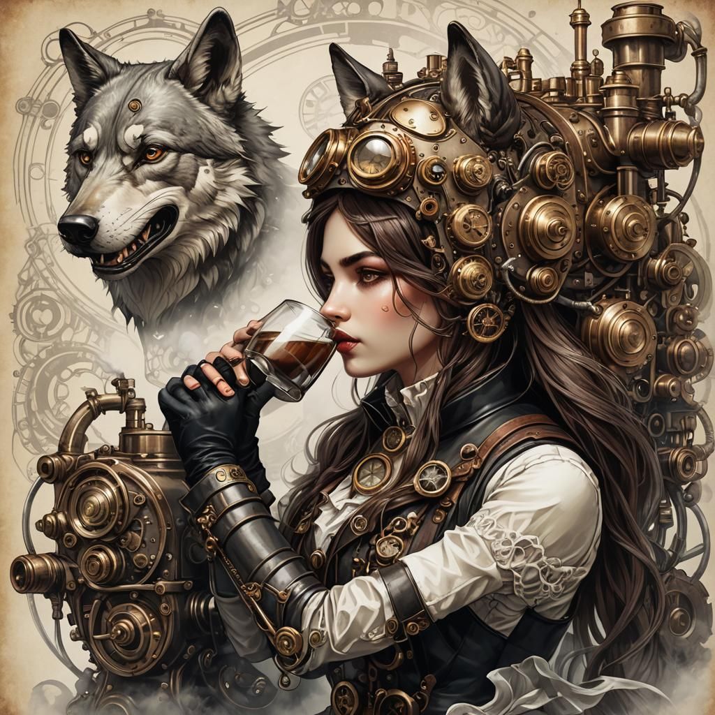 Girl in Shell with Wolf Drinking Milk: Steampunk Style
