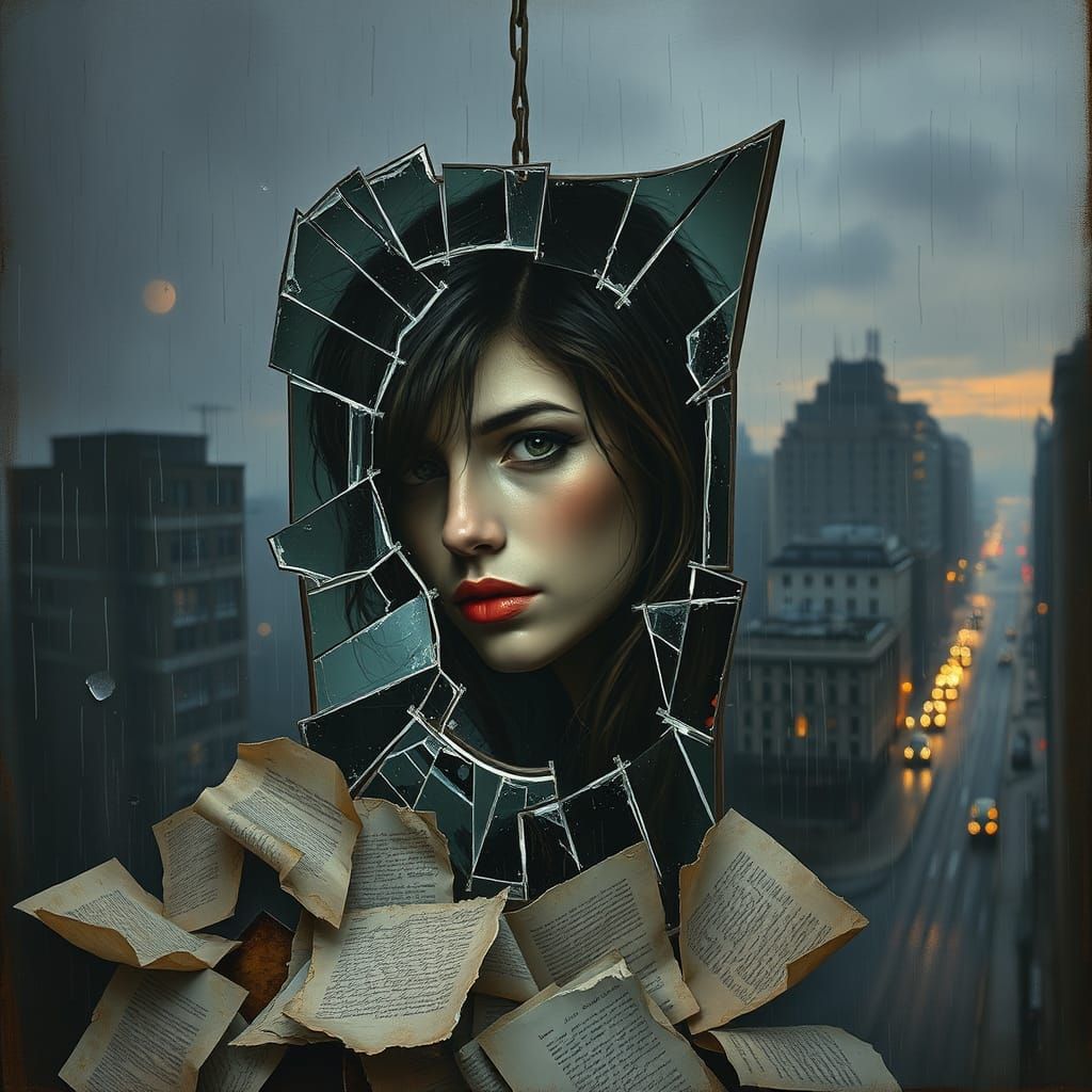 Melancholic Woman in Shattered Neon Reflection