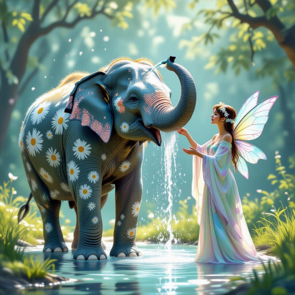 Dandelion Elephant and Fairy in Dreamlike Scene