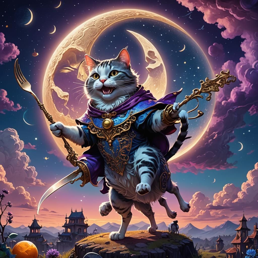 Cat Jumping Over Moon in Fantasy Art Style