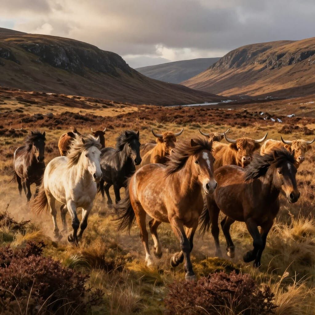Wild Horses and Highland Cows in Scottish Hills