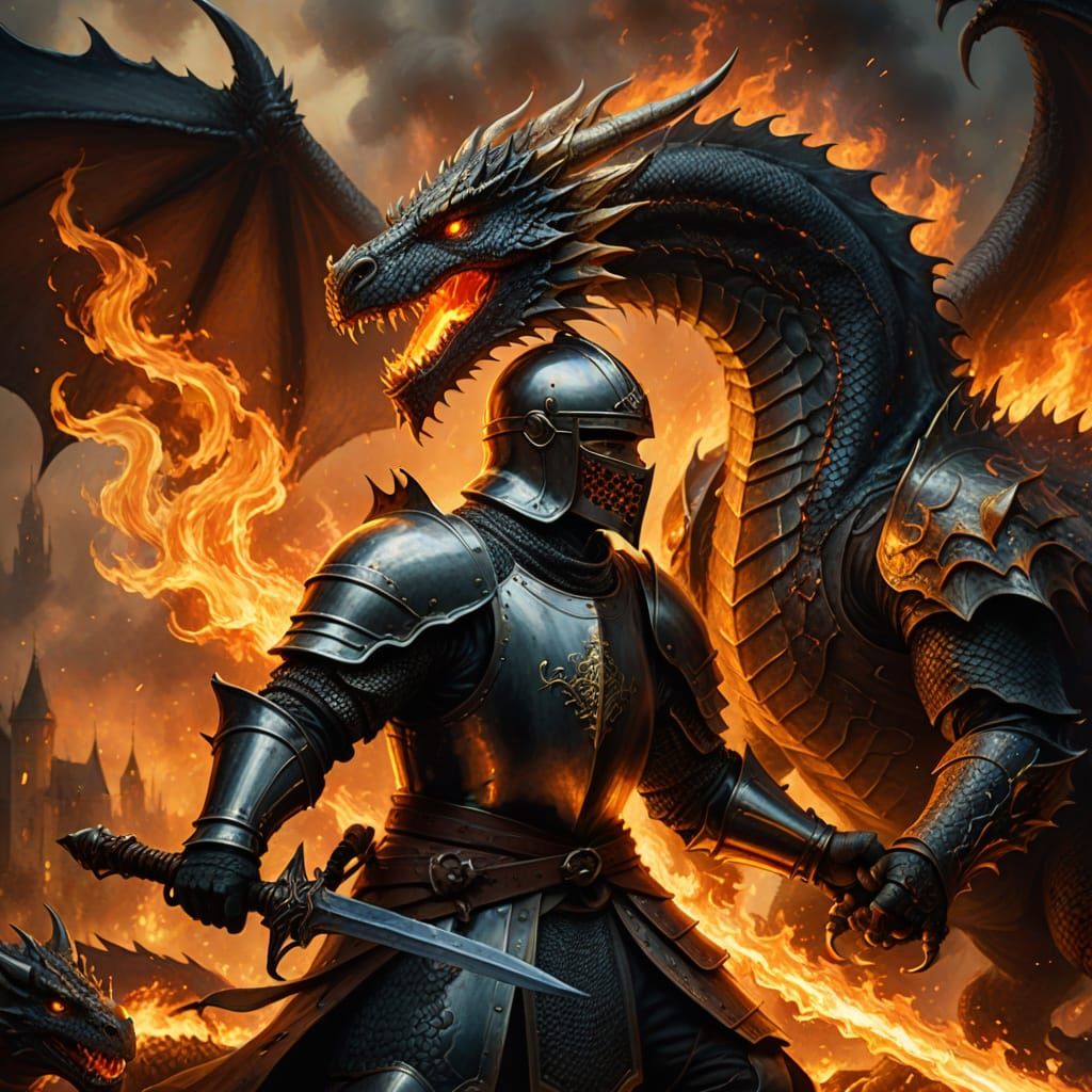 Knight Battles Fire-Breathing Dragon in Oil Painting