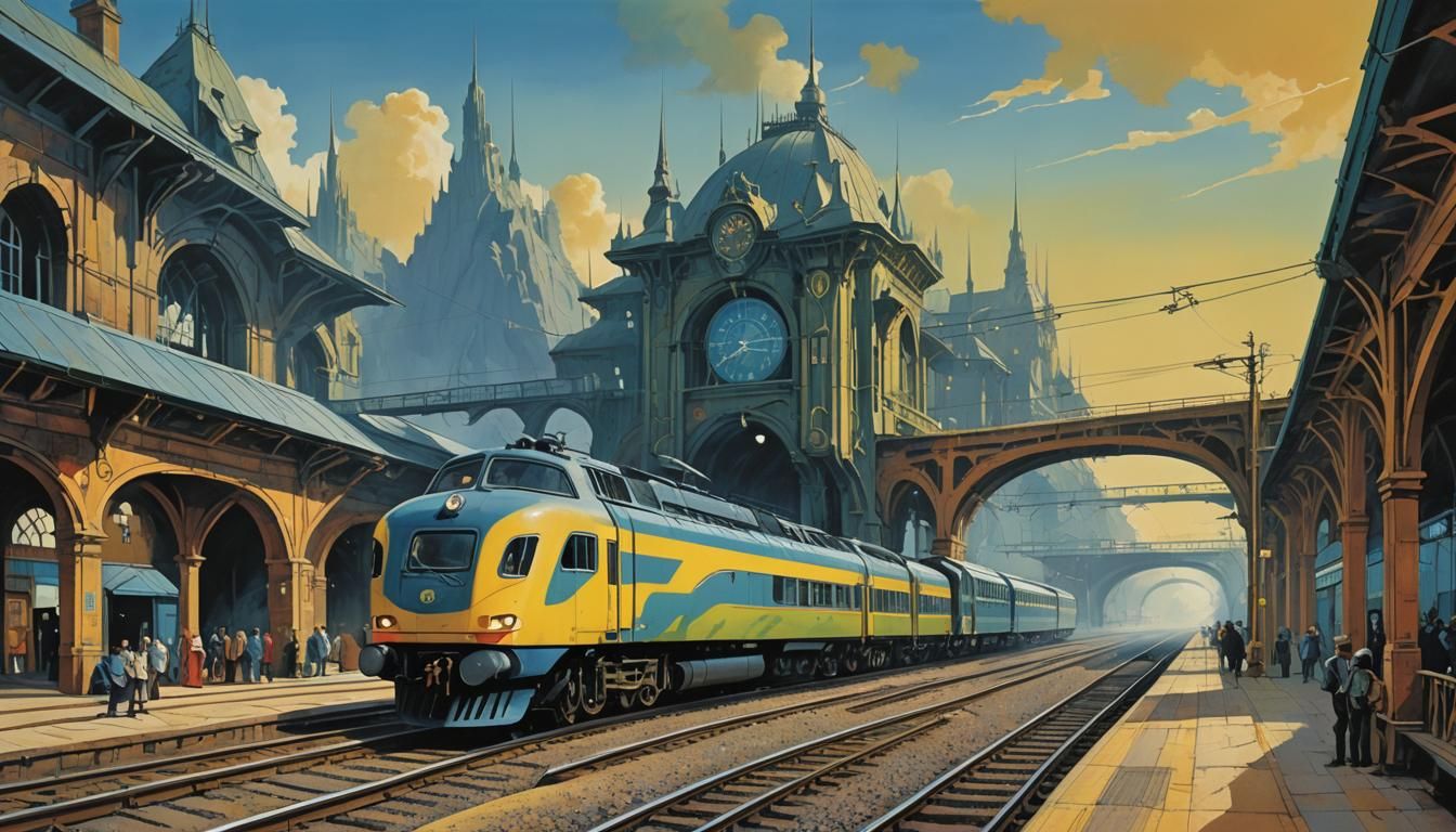 Surreal Train Station in Roger Dean Style