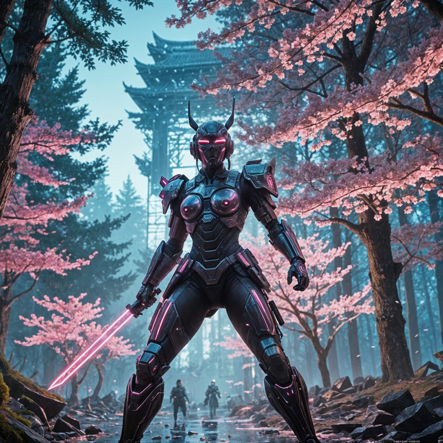 Cyberpunk Ronin in Digital Cherry Blossom Forest