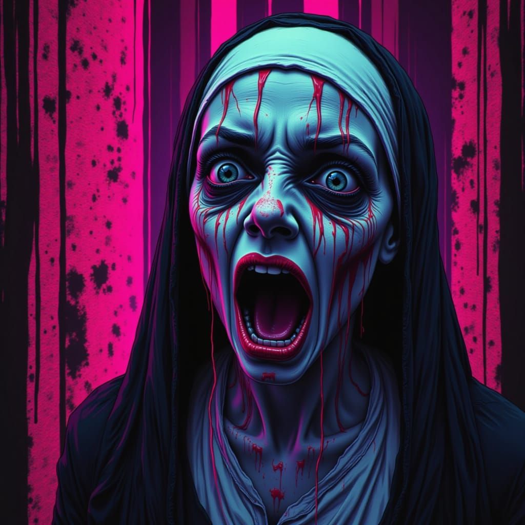 Glitched Nun in Analog Horror Style