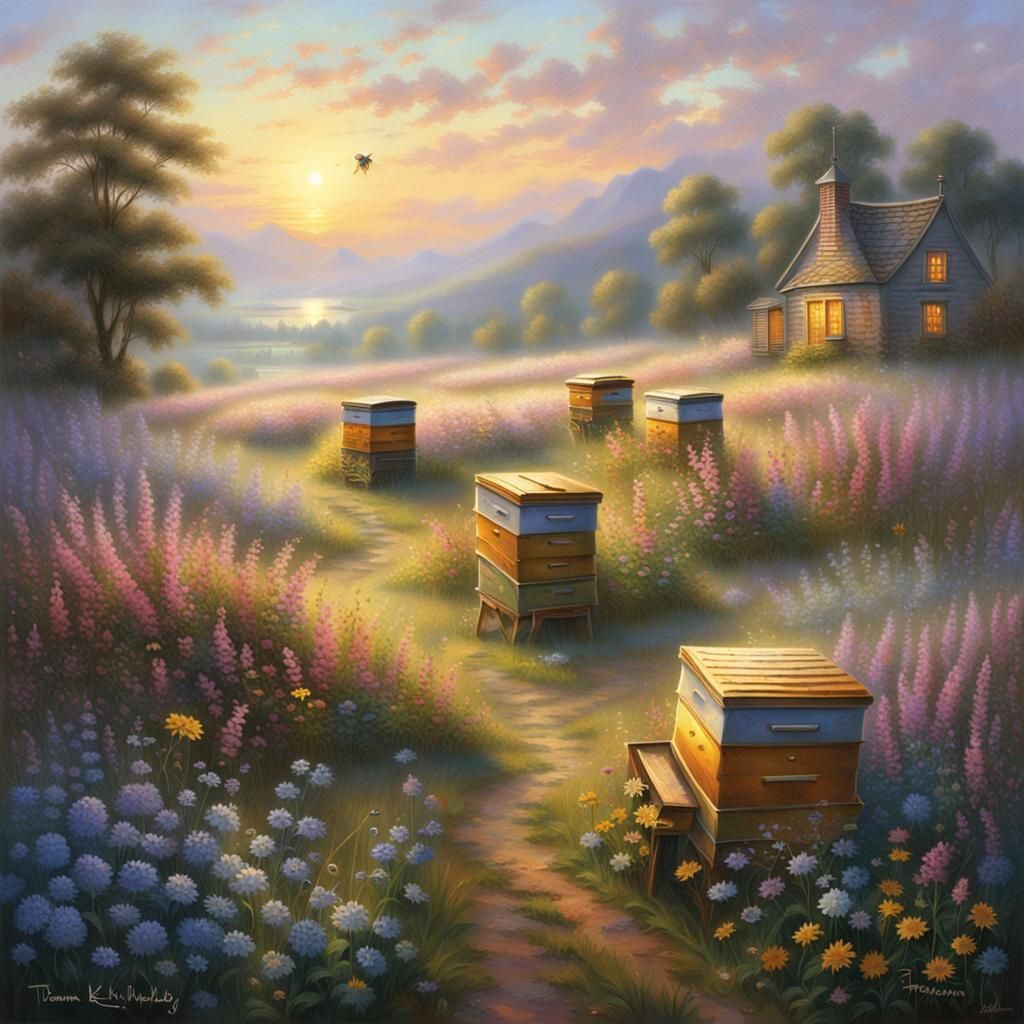 Beehives in Wildflower Field at Dawn