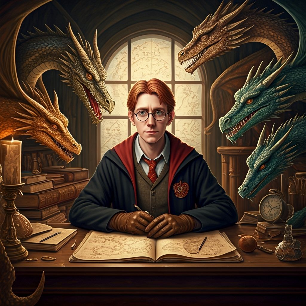 Charlie Weasley and Dragons in Cozy Study