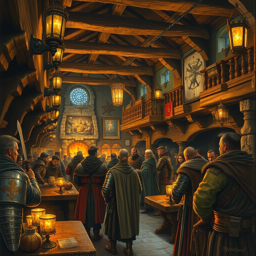 Bustling Medieval Fantasy Tavern in Art Style