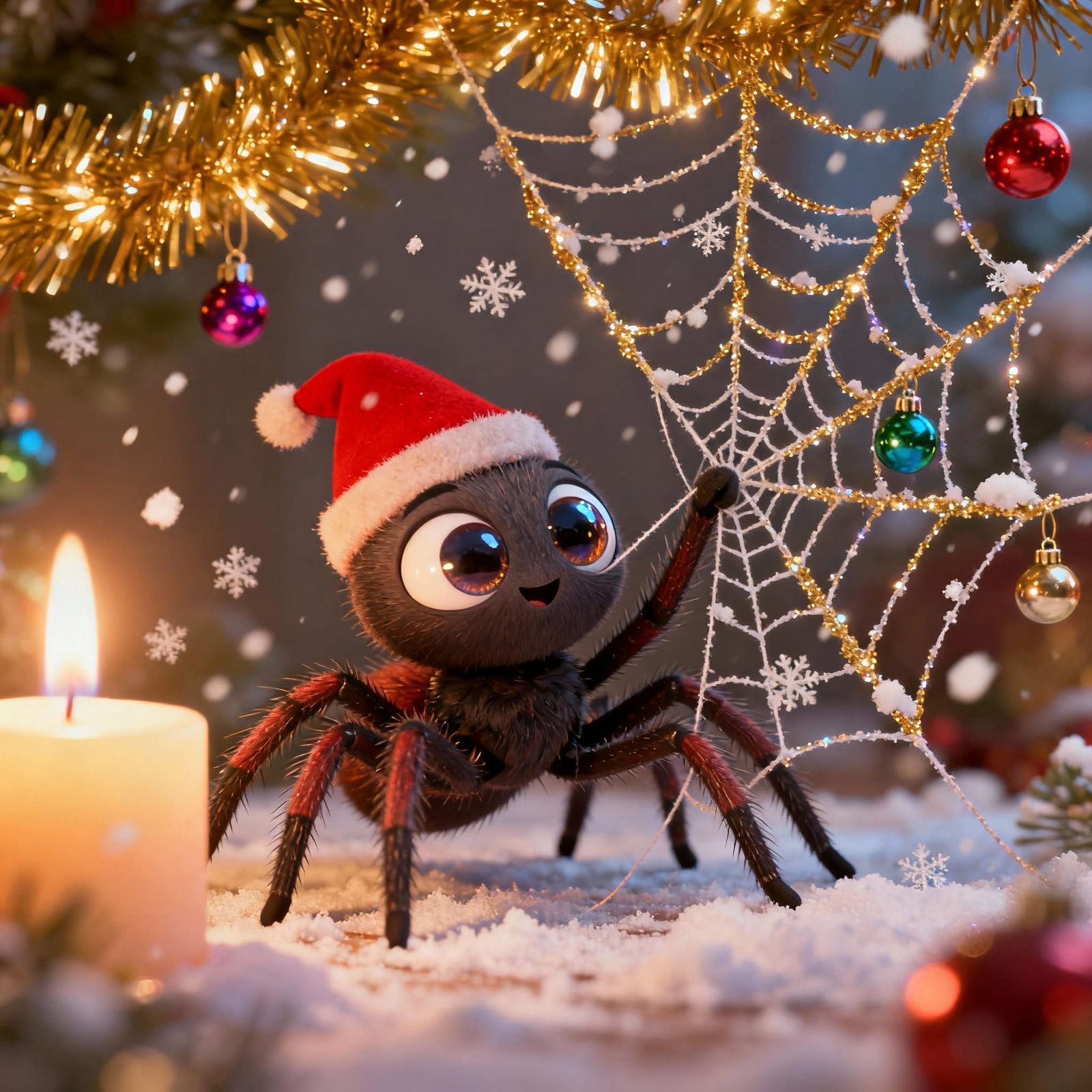 Cute Disney Spider Spins Tinsel Web with Ornaments