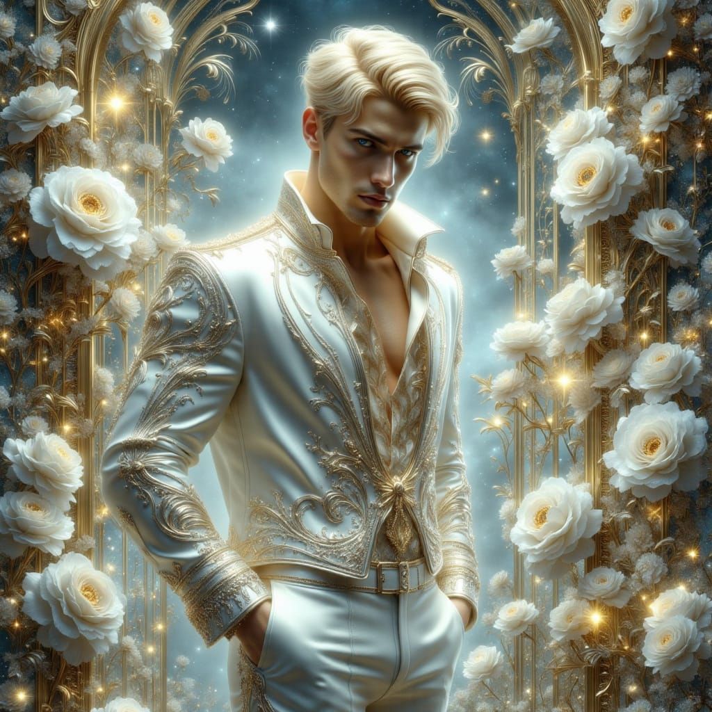 Man in Velvet Surrounded by Roses in Art Nouveau Punk