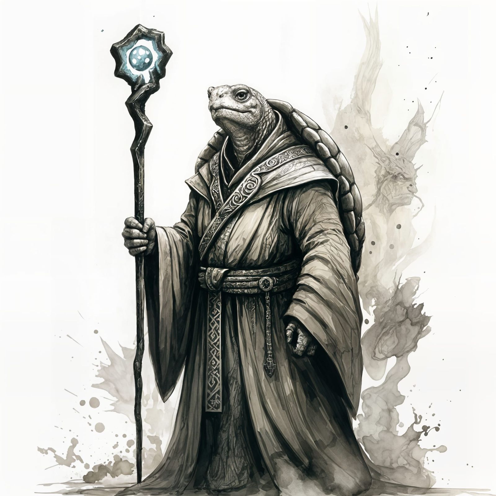 Tortoise Wizard in Dark Fantasy Ink Drawing