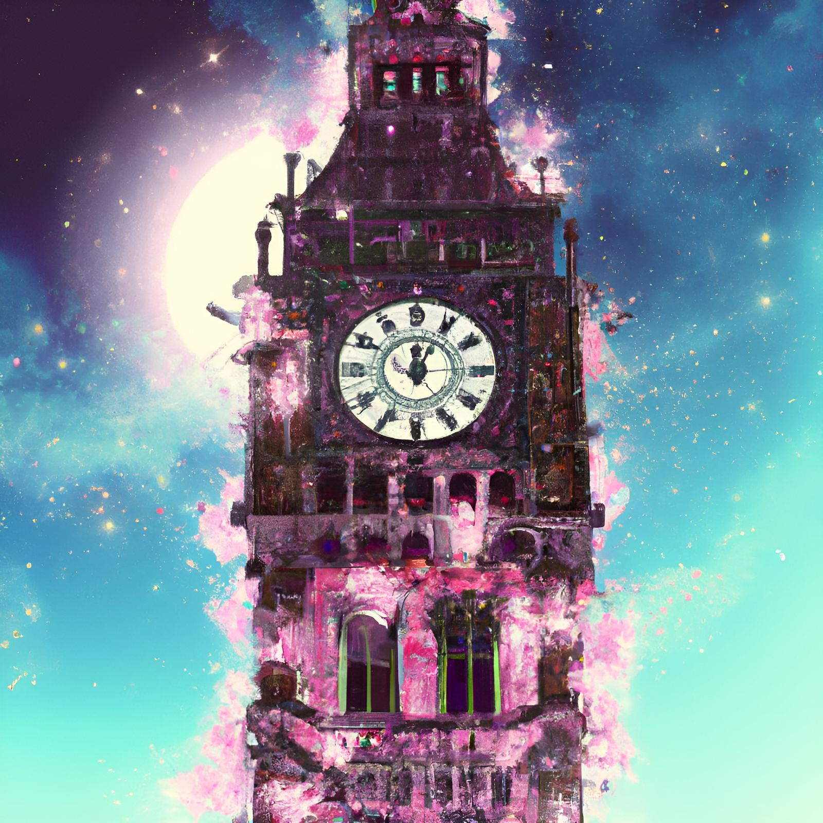 Post-Apocalyptic Clock Tower Ruins Under Moonlight