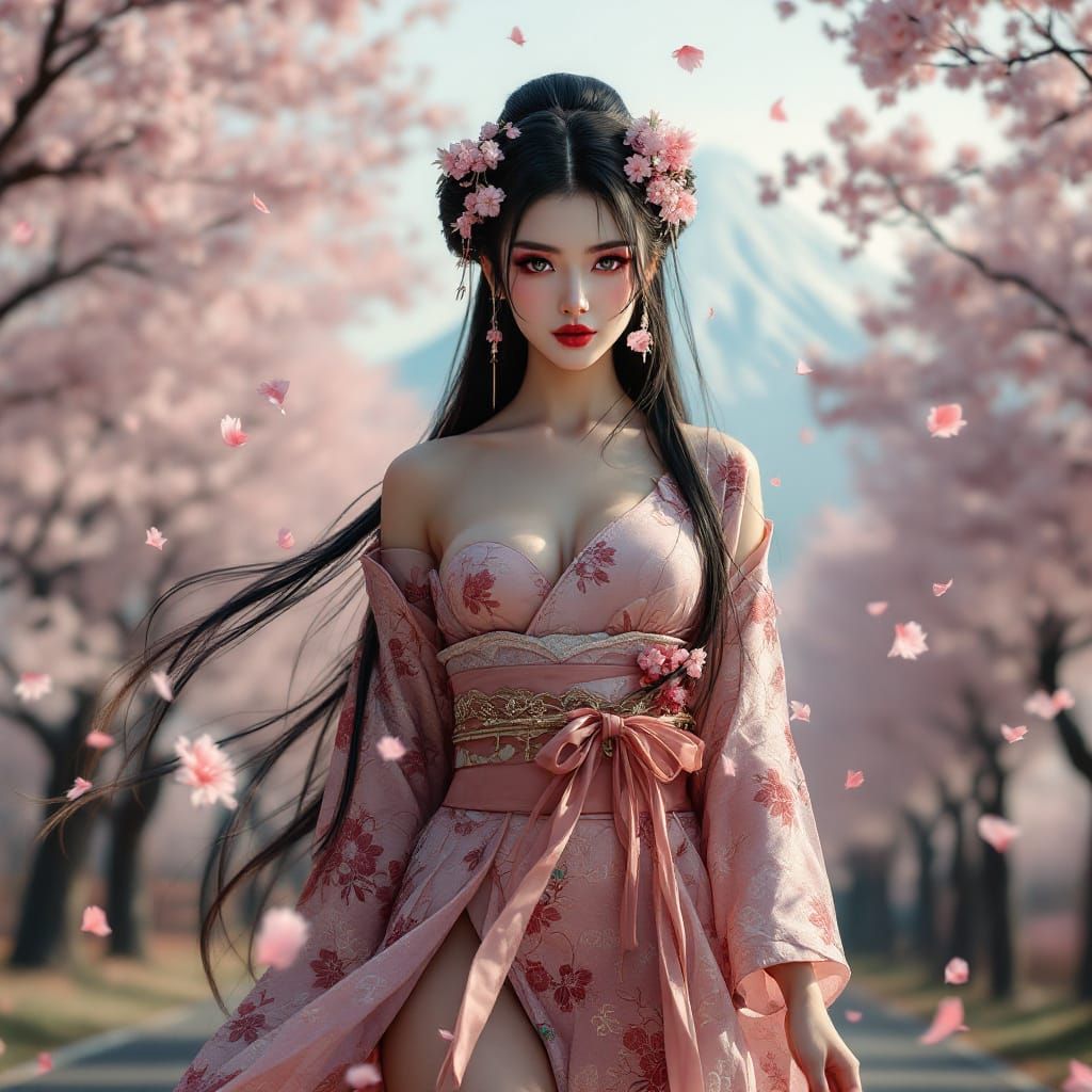 Geisha in Cherry Blossoms with Mount Fuji