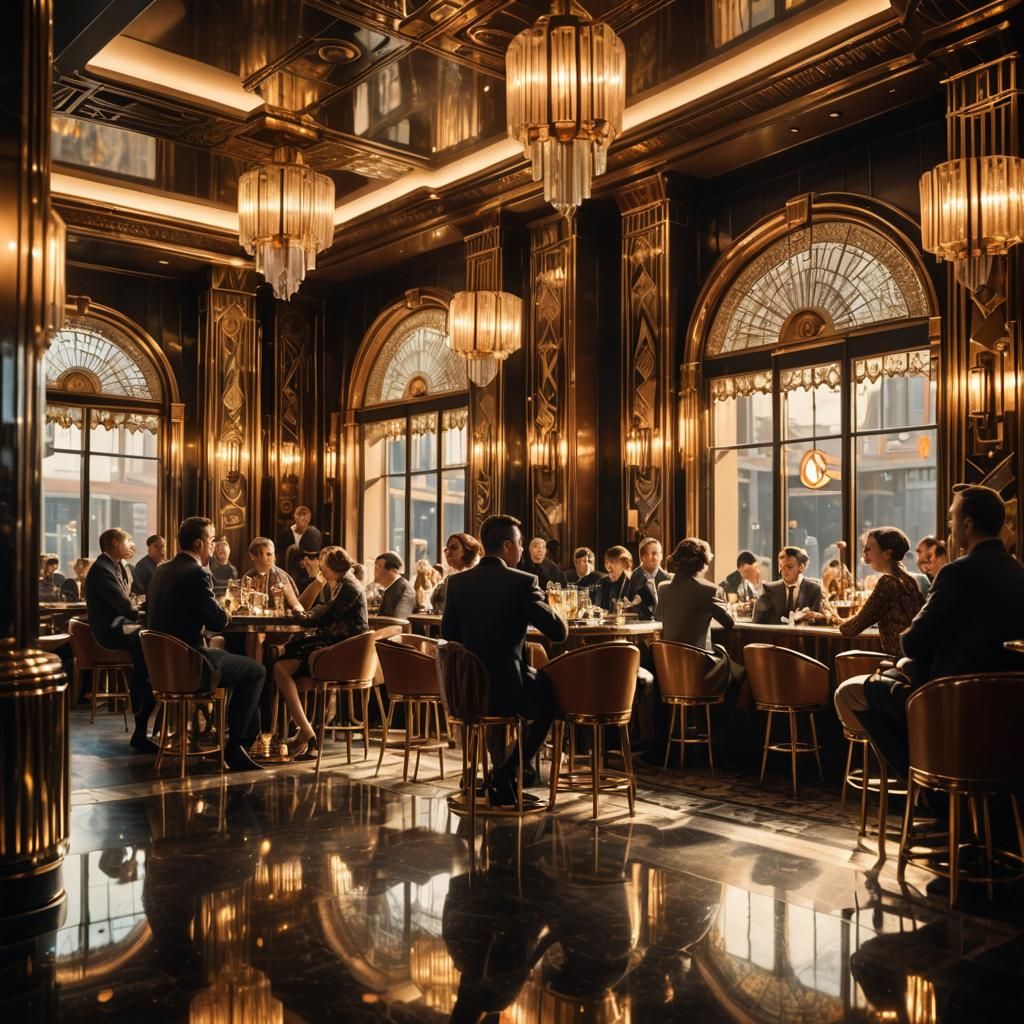 Opulent Art Deco Bar with Golden Hour Glow
