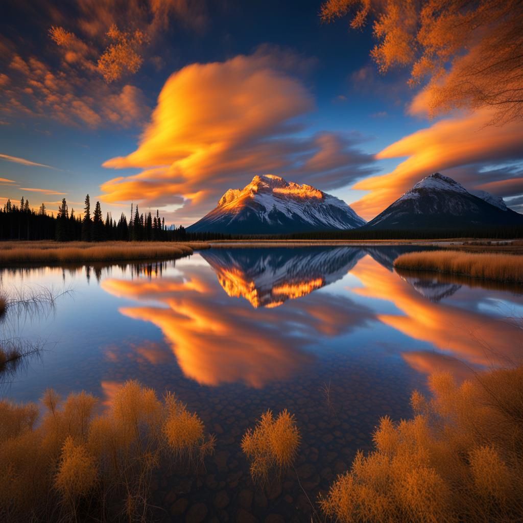 Lenticular Clouds Reflecting Over Vermillion Lakes at Sunset