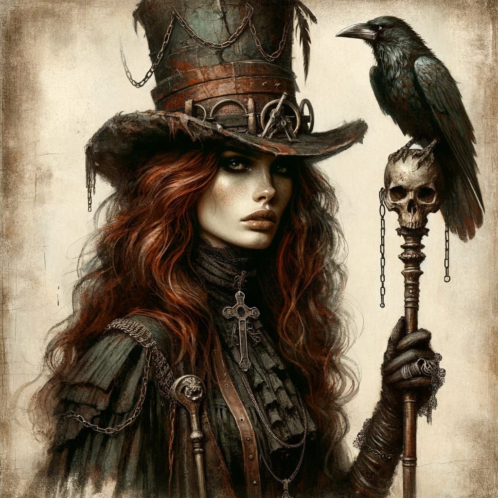 Victorian Woman with Skull Staff in Watercolor Style