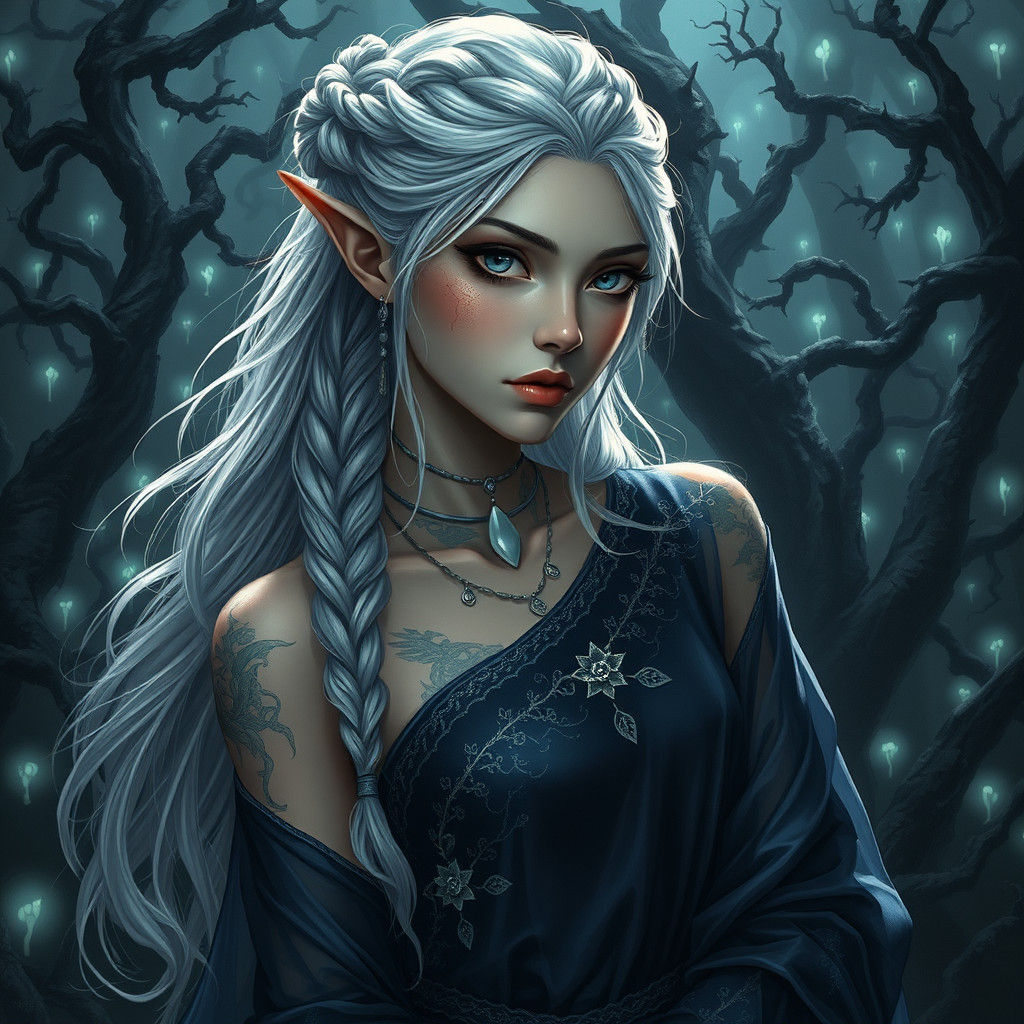 Mysterious Elf with Silver Hair in Eerie Forest