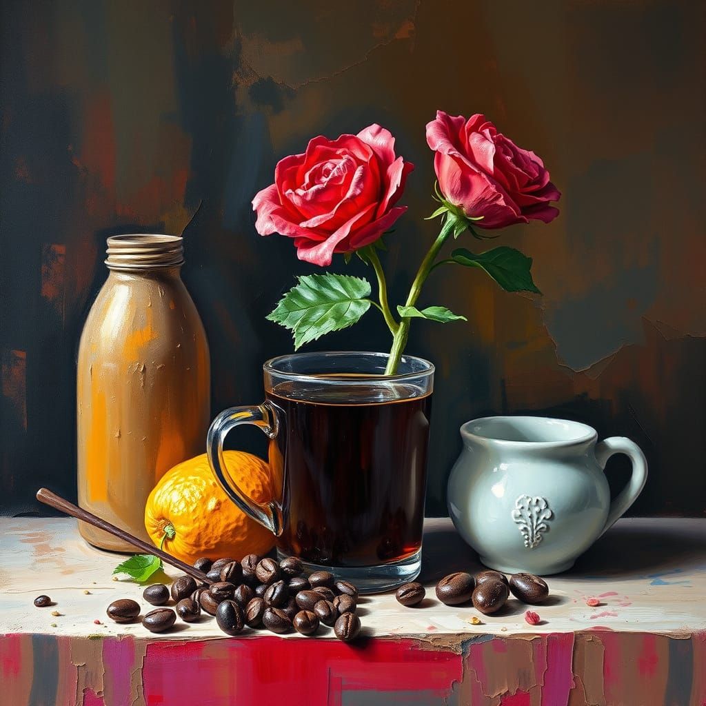Vibrant Coffee Still Life in Impressionist Style with Thick,...