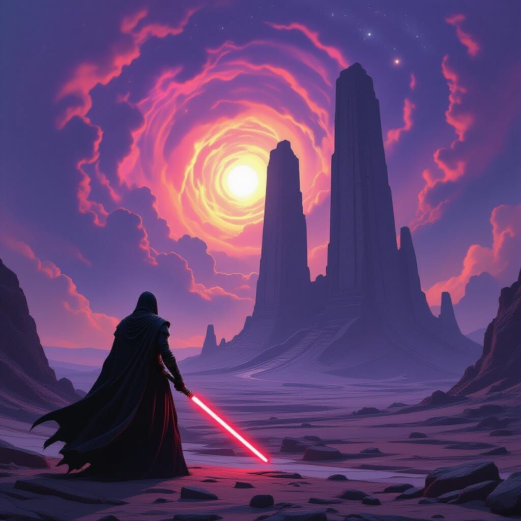 Sith Warrior Gazes at Ancient Ruin on Alien Planet