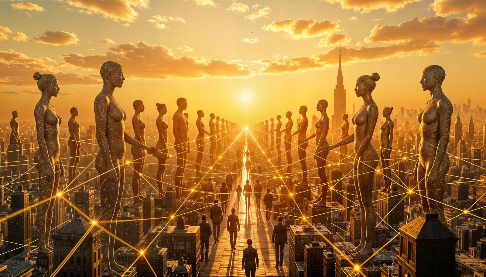 Surreal Golden City of Connected Hearts at Dawn