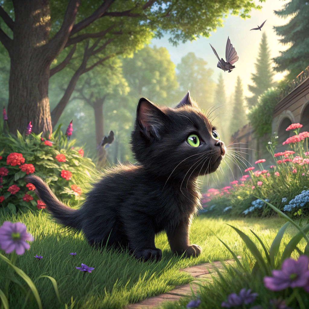 Black Kitten Hunts Birds in Hyperrealistic HDR