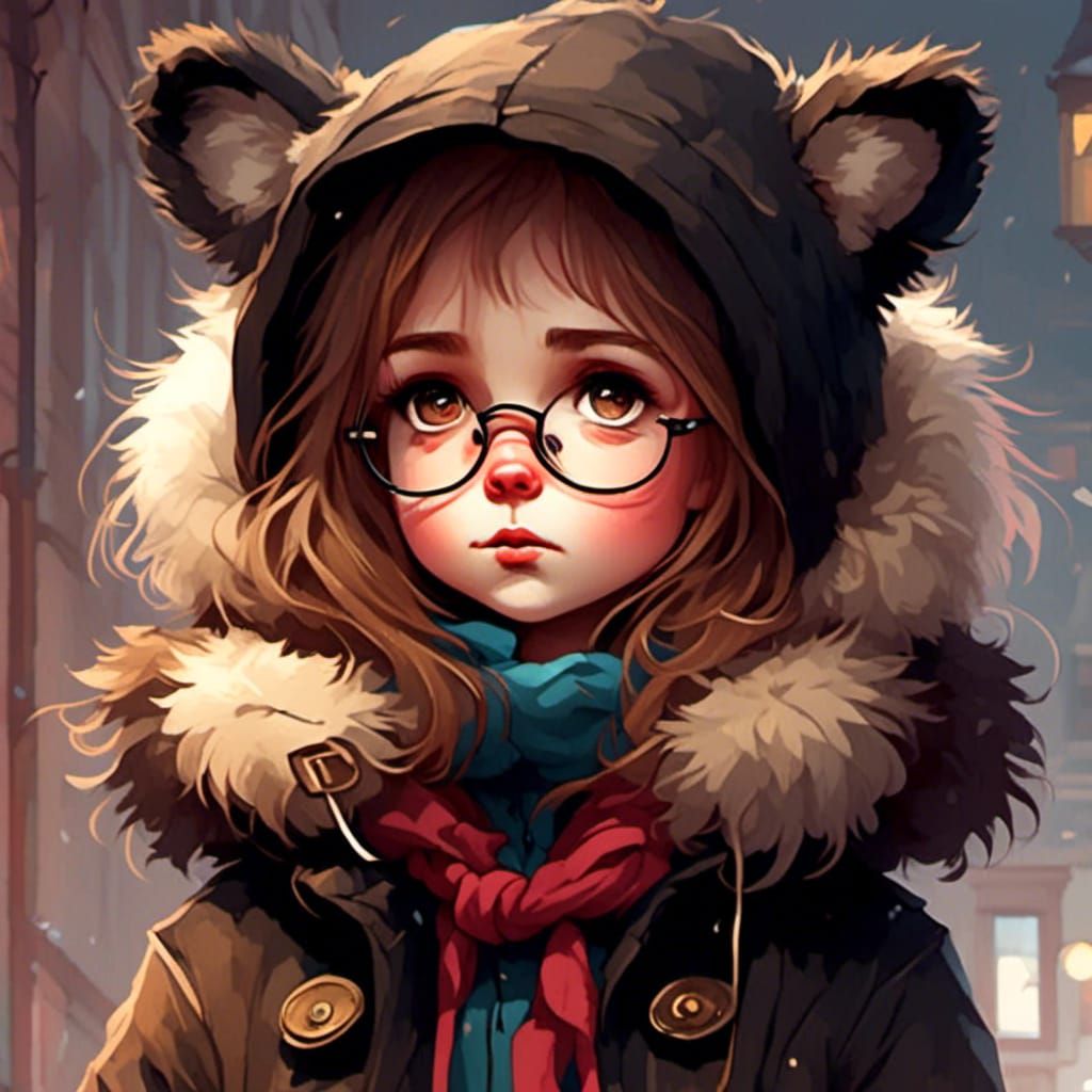 Cute Girl in Aquarell Style Fairytale Portrait