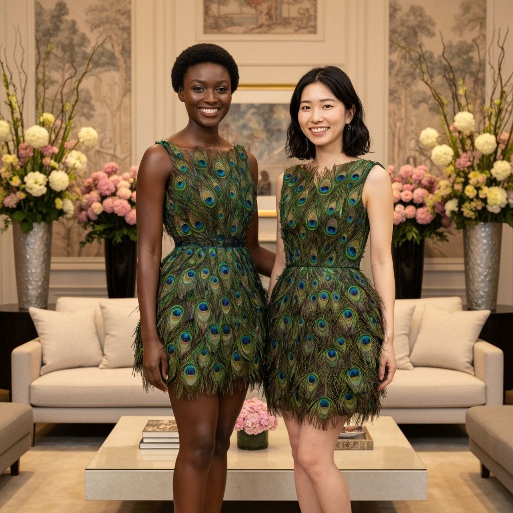Elegant Women in Feather Dresses in Luxury Room