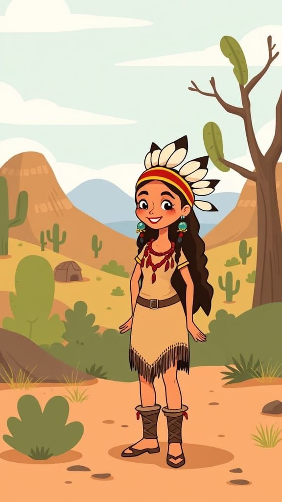 Cartoon Native American Woman in Wild West Landscape